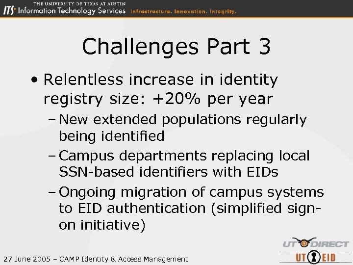 Challenges Part 3 • Relentless increase in identity registry size: +20% per year –