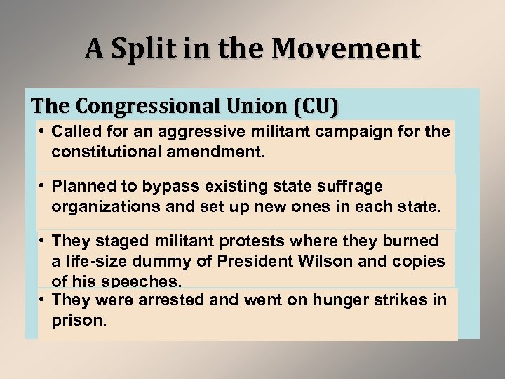 A Split in the Movement The Congressional Union (CU) • Called for an aggressive