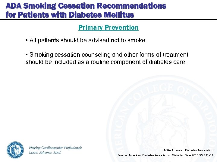 ADA Smoking Cessation Recommendations for Patients with Diabetes Mellitus Primary Prevention • All patients