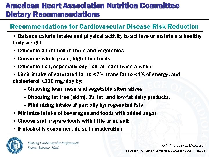American Heart Association Nutrition Committee Dietary Recommendations for Cardiovascular Disease Risk Reduction • Balance