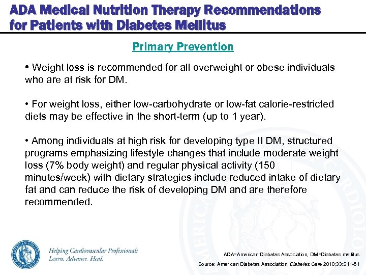 ADA Medical Nutrition Therapy Recommendations for Patients with Diabetes Mellitus Primary Prevention • Weight