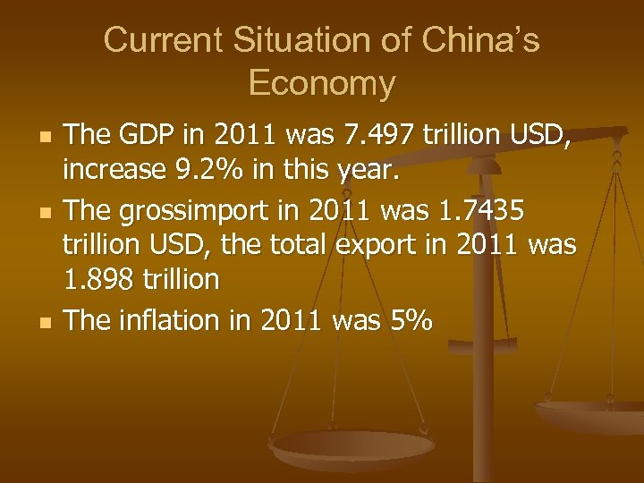 Current Situation of China’s Economy n n n The GDP in 2011 was 7.