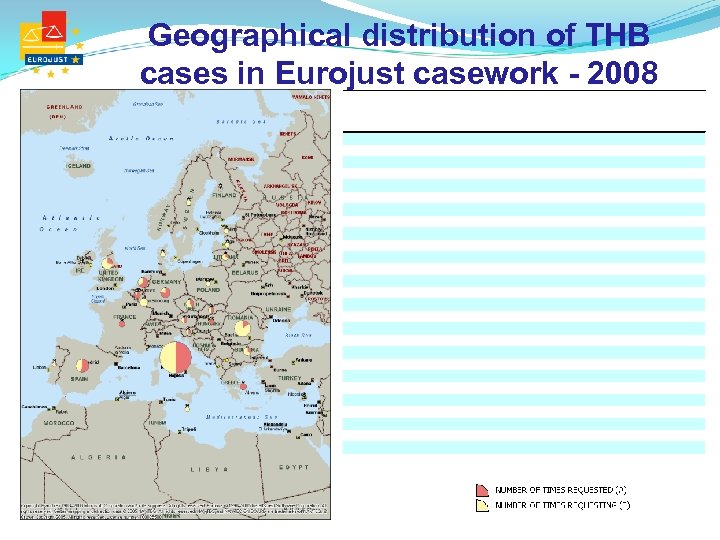 Geographical distribution of THB cases in Eurojust casework - 2008 