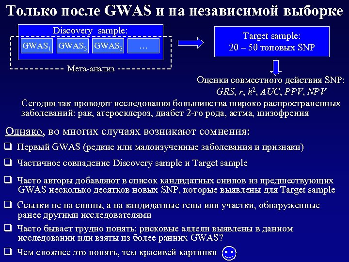 Только после GWAS и на независимой выборке Discovery sample: GWAS 1 GWAS 2 GWAS