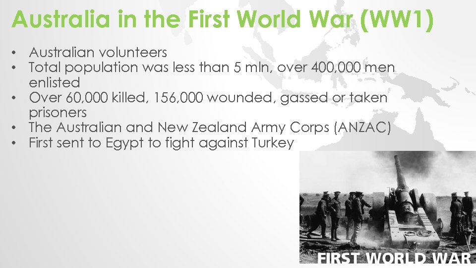 Australia in the First World War (WW 1) • Australian volunteers • Total population