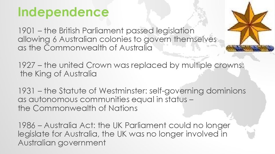 Independence 1901 – the British Parliament passed legislation allowing 6 Australian colonies to govern