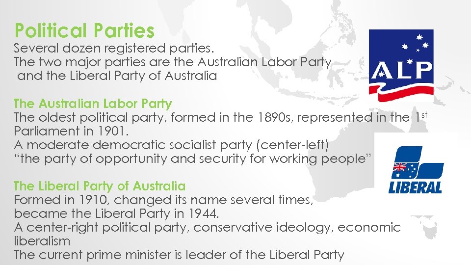 Political Parties Several dozen registered parties. The two major parties are the Australian Labor