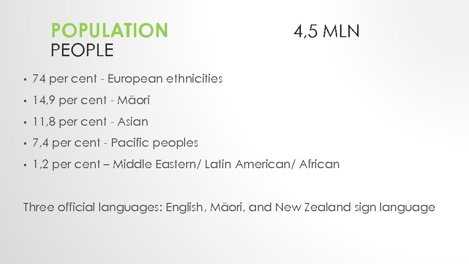 POPULATION PEOPLE 4, 5 MLN • 74 per cent - European ethnicities • 14,