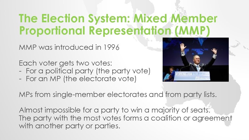 The Election System: Mixed Member Proportional Representation (MMP) MMP was introduced in 1996 Each