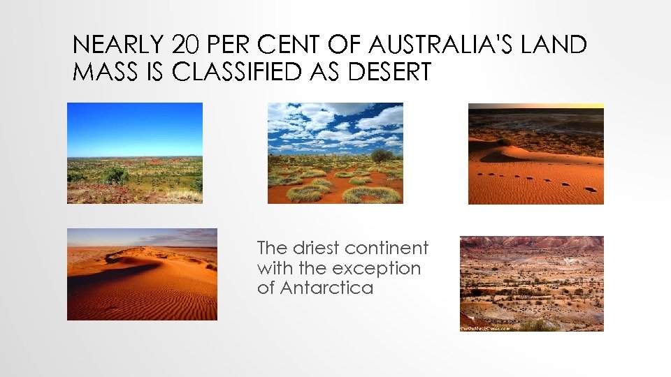 NEARLY 20 PER CENT OF AUSTRALIA'S LAND MASS IS CLASSIFIED AS DESERT The driest