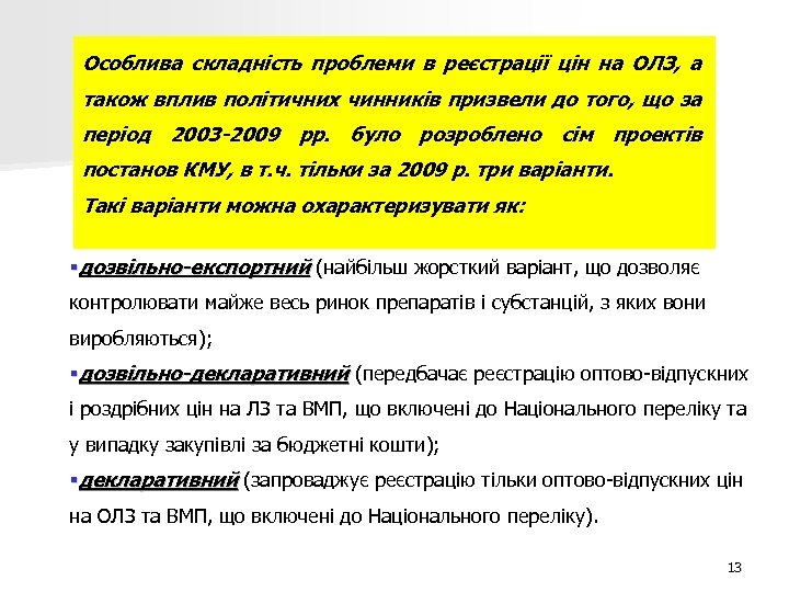 Особлива складність проблеми в реєстрації цін на ОЛЗ, а також вплив політичних чинників призвели