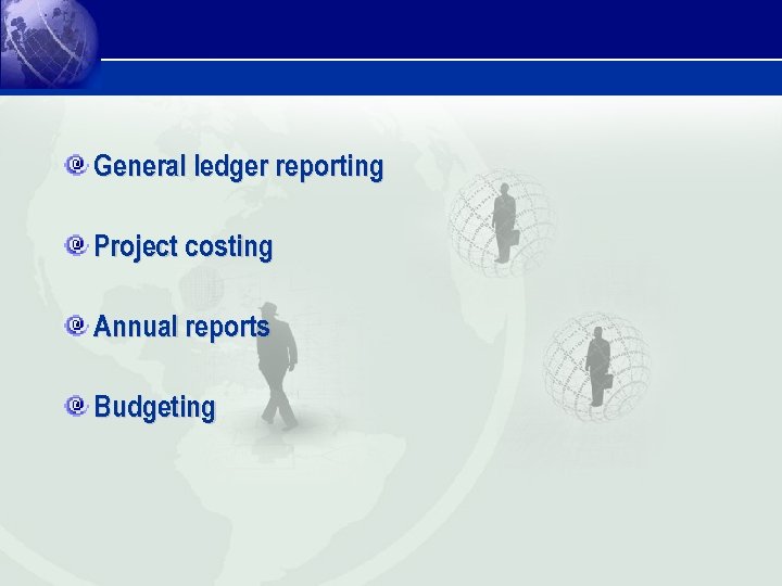 General ledger reporting Project costing Annual reports Budgeting 