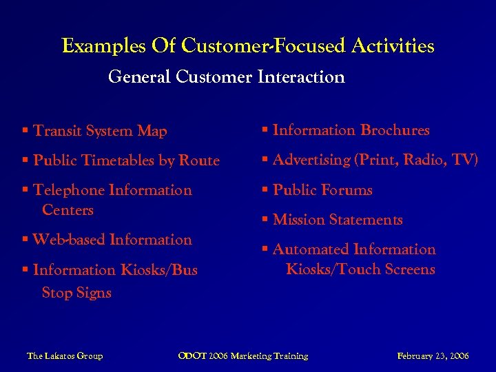 Examples Of Customer-Focused Activities General Customer Interaction § Transit System Map § Information Brochures