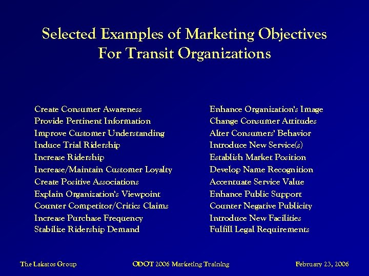 Selected Examples of Marketing Objectives For Transit Organizations Create Consumer Awareness Provide Pertinent Information