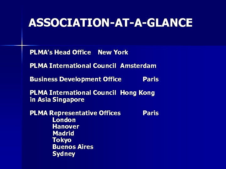 ASSOCIATION-AT-A-GLANCE PLMA’s Head Office New York PLMA International Council Amsterdam Business Development Office Paris