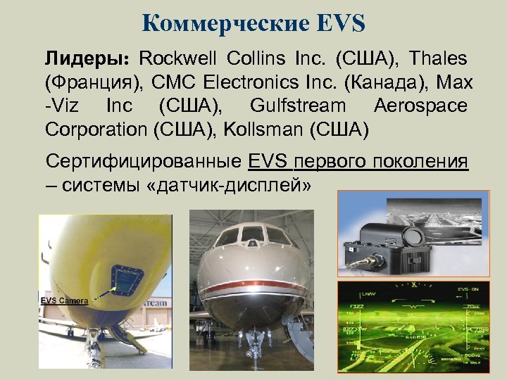 Коммерческие EVS Лидеры: Rockwell Collins Inc. (США), Thales (Франция), CMC Electronics Inc. (Канада), Max