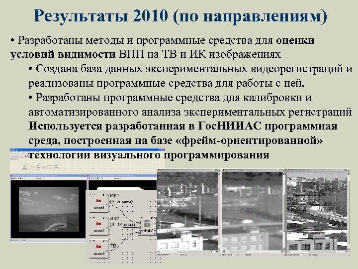 Результаты 2010 (по направлениям) • Разработаны методы и программные средства для оценки условий видимости