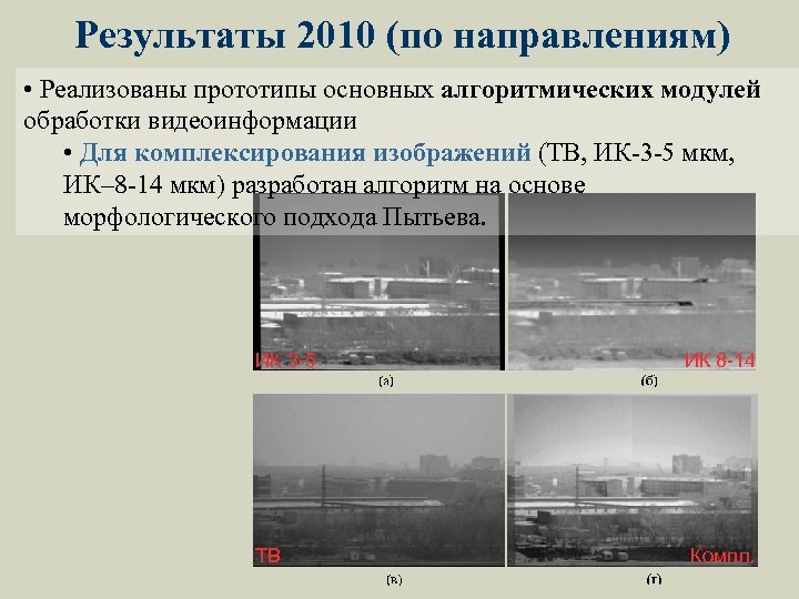 Результаты 2010 (по направлениям) • Реализованы прототипы основных алгоритмических модулей обработки видеоинформации • Для