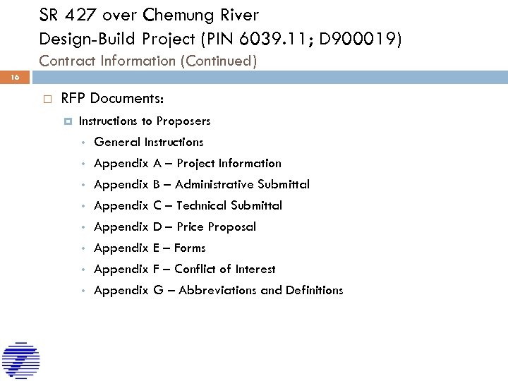 SR 427 over Chemung River Design-Build Project (PIN 6039. 11; D 900019) Contract Information