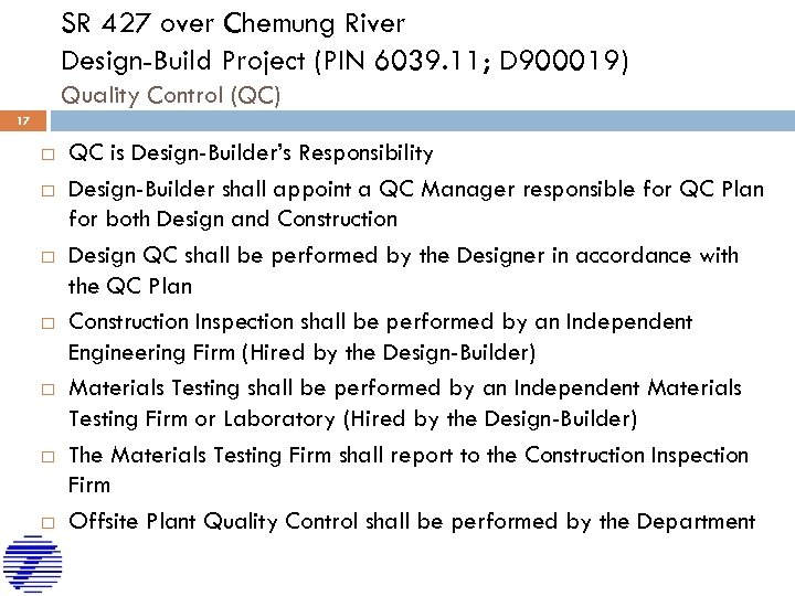 SR 427 over Chemung River Design-Build Project (PIN 6039. 11; D 900019) Quality Control