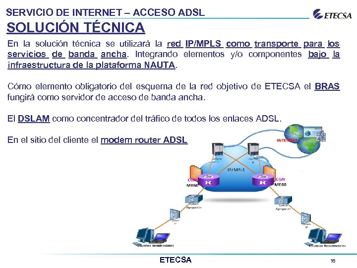 SERVICIO DE INTERNET – ACCESO ADSL SOLUCIÓN TÉCNICA En la solución técnica se utilizará