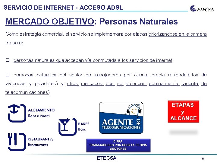 SERVICIO DE INTERNET - ACCESO ADSL MERCADO OBJETIVO: Personas Naturales Como estrategia comercial, el