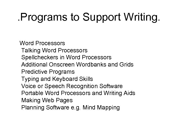 . Programs to Support Writing. Word Processors Talking Word Processors Spellcheckers in Word Processors