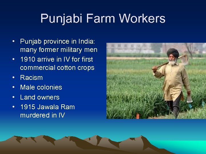 Punjabi Farm Workers • Punjab province in India: many former military men • 1910