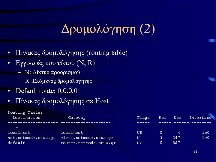 Δρομολόγηση (2) • Πίνακας δρομολόγησης (routing table) • Εγγραφές του τύπου (N, R) –