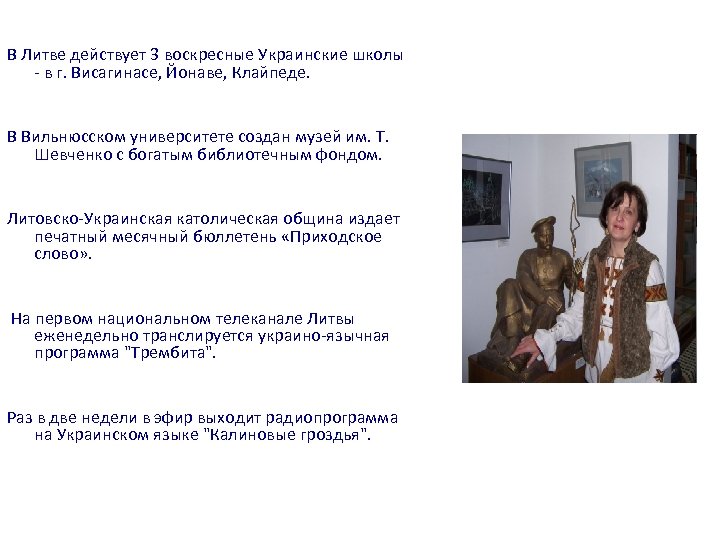 В Литве действует 3 воскресные Украинские школы - в г. Висагинасе, Йонаве, Клайпеде. В