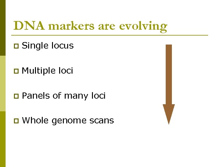 DNA markers are evolving p Single locus p Multiple loci p Panels of many
