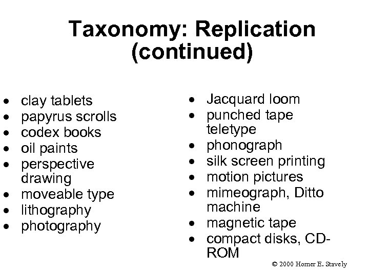 Taxonomy: Replication (continued) · · · clay tablets papyrus scrolls codex books oil paints
