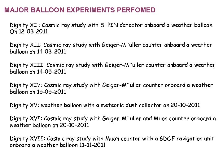 MAJOR BALLOON EXPERIMENTS PERFOMED Dignity XI : Cosmic ray study with Si PIN detector