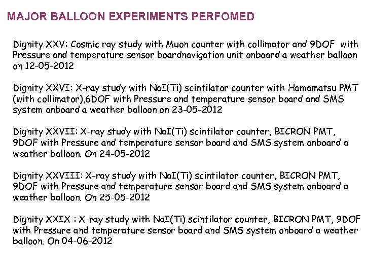 MAJOR BALLOON EXPERIMENTS PERFOMED Dignity XXV: Cosmic ray study with Muon counter with collimator