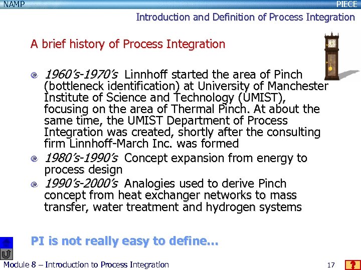 NAMP PIECE Introduction and Definition of Process Integration A brief history of Process Integration