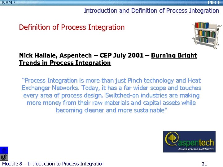 NAMP PIECE Introduction and Definition of Process Integration Nick Hallale, Aspentech – CEP July