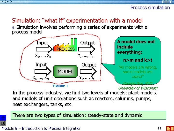 NAMP PIECE Process simulation Simulation: “what if” experimentation with a model Simulation involves performing