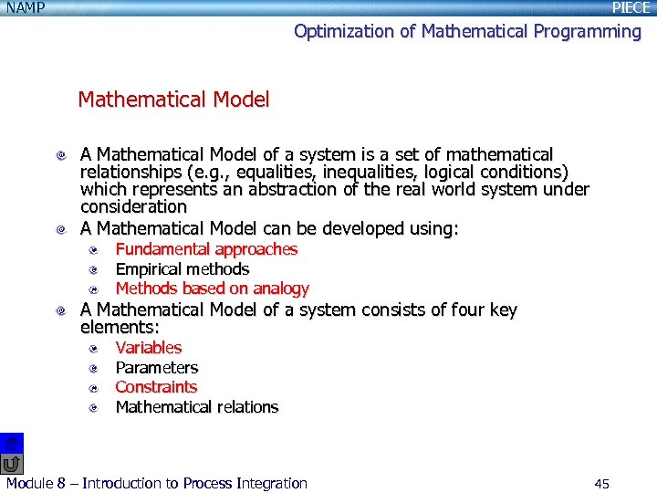 NAMP PIECE Optimization of Mathematical Programming Mathematical Model A Mathematical Model of a system