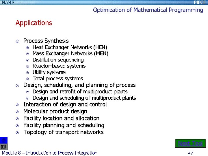NAMP PIECE Optimization of Mathematical Programming Applications Process Synthesis Heat Exchanger Networks (HEN) Mass