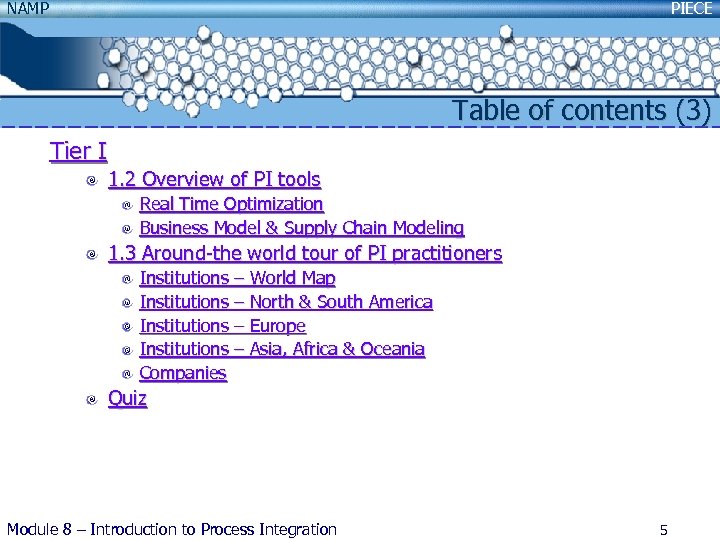 NAMP PIECE Table of contents (3) Tier I 1. 2 Overview of PI tools