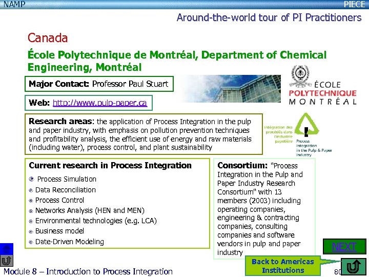 NAMP PIECE Around-the-world tour of PI Practitioners Canada École Polytechnique de Montréal, Department of