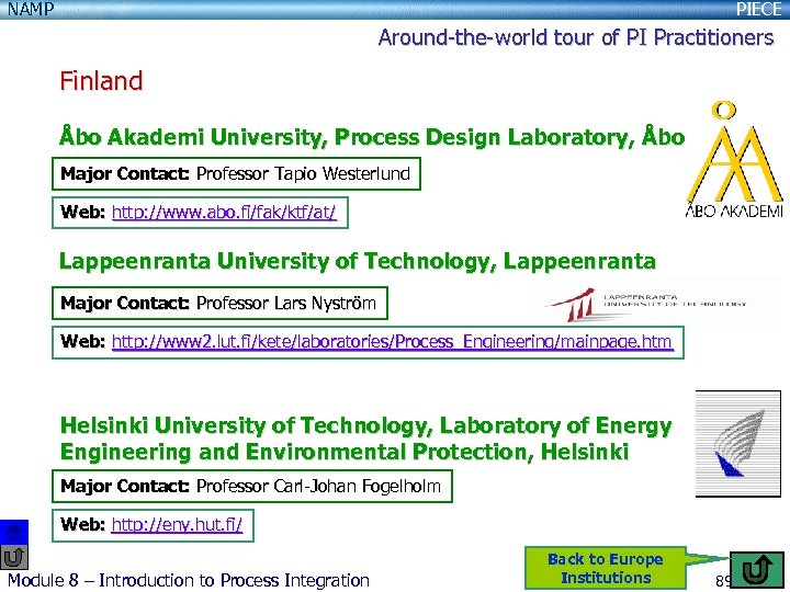 NAMP PIECE Around-the-world tour of PI Practitioners Finland Åbo Akademi University, Process Design Laboratory,