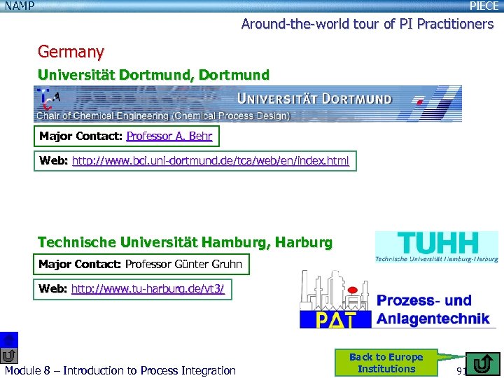 NAMP PIECE Around-the-world tour of PI Practitioners Germany Universität Dortmund, Dortmund Major Contact: Professor