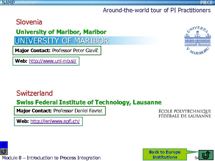 NAMP PIECE Around-the-world tour of PI Practitioners Slovenia University of Maribor, Maribor Major Contact:
