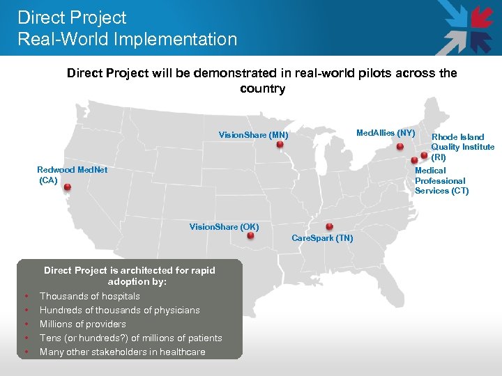 Direct Project Real-World Implementation Direct Project will be demonstrated in real-world pilots across the