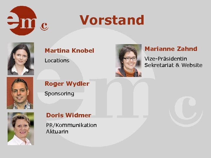 Vorstand Martina Knobel Marianne Zahnd Locations Vize-Präsidentin Sekretariat & Website Roger Wydler Sponsoring Doris