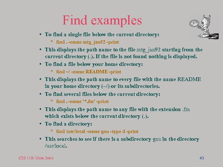 Find examples • To find a single file below the current directory: * find.