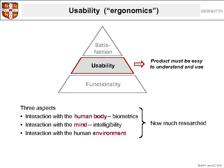 Usability (“ergonomics”) Satisfaction Usability Product must be easy to understand use Functionality Three aspects