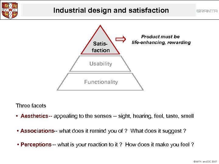 Industrial design and satisfaction Satisfaction Product must be life-enhancing, rewarding Usability Functionality Three facets