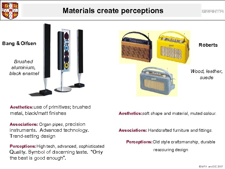 Materials create perceptions Bang & Olfsen Roberts Brushed aluminium, black enamel Wood, leather, suede